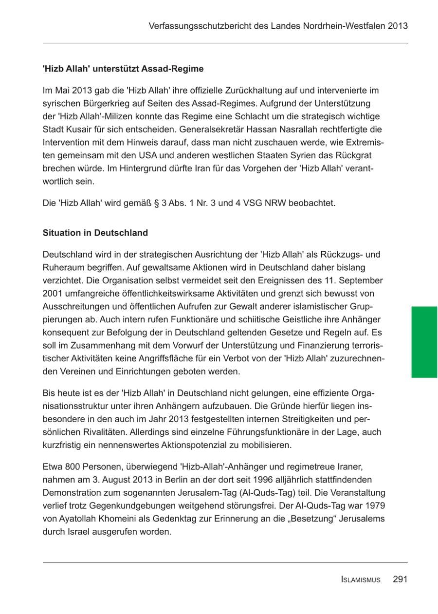 Seite 293 des Verfassungsschutzbericht 2013 Nordrhein-Westfalen