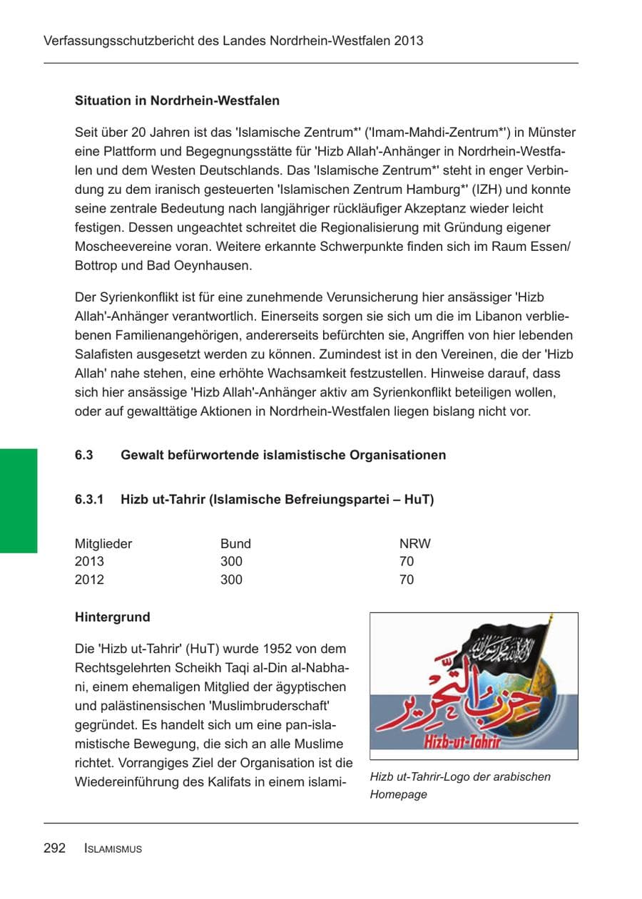 Seite 294 des Verfassungsschutzbericht 2013 Nordrhein-Westfalen