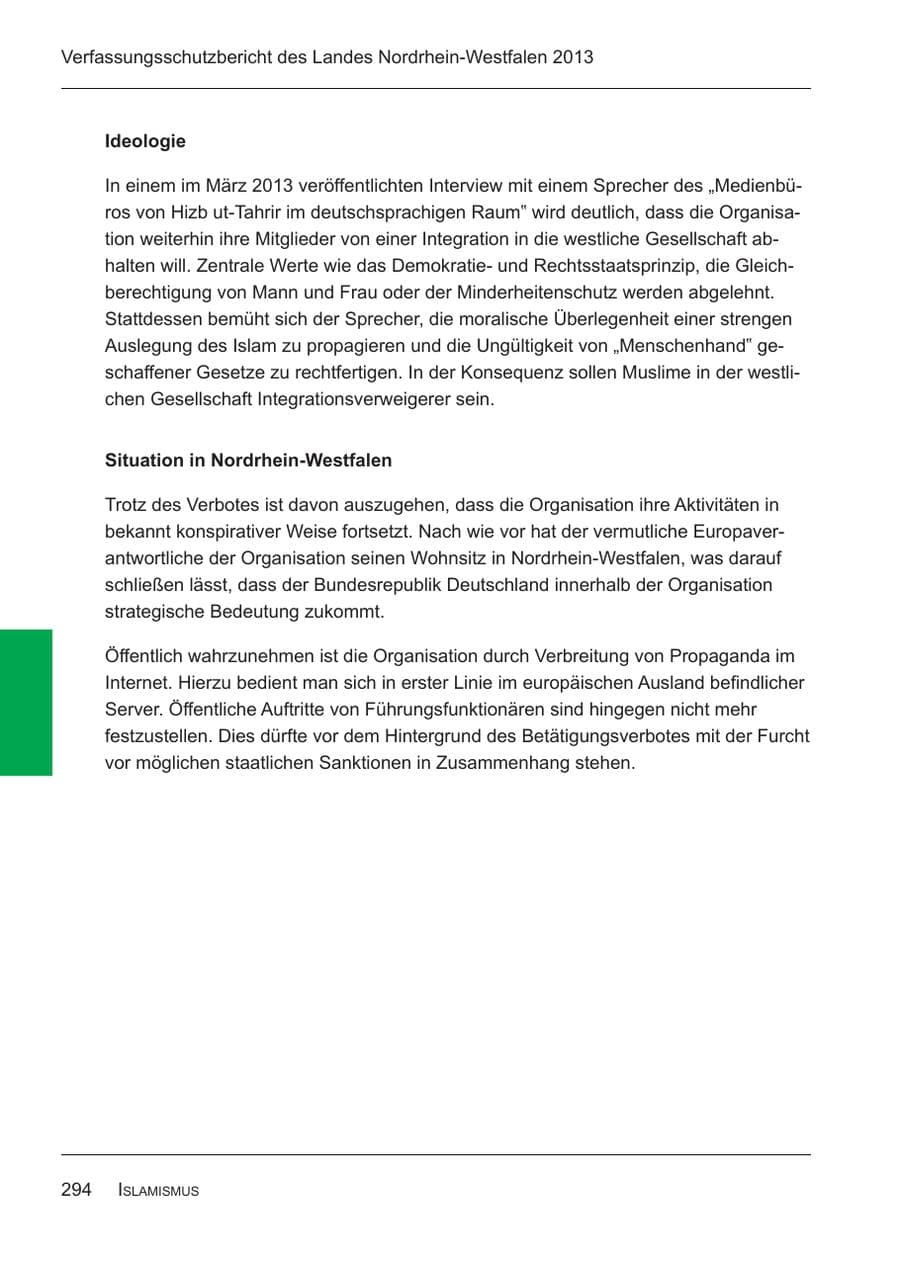 Seite 296 des Verfassungsschutzbericht 2013 Nordrhein-Westfalen