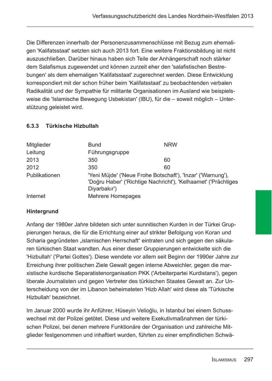 Seite 299 des Verfassungsschutzbericht 2013 Nordrhein-Westfalen
