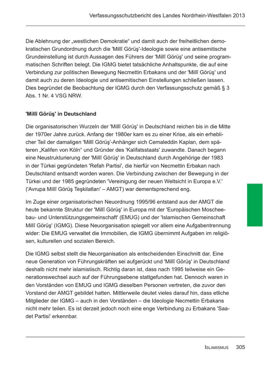 Seite 307 des Verfassungsschutzbericht 2013 Nordrhein-Westfalen