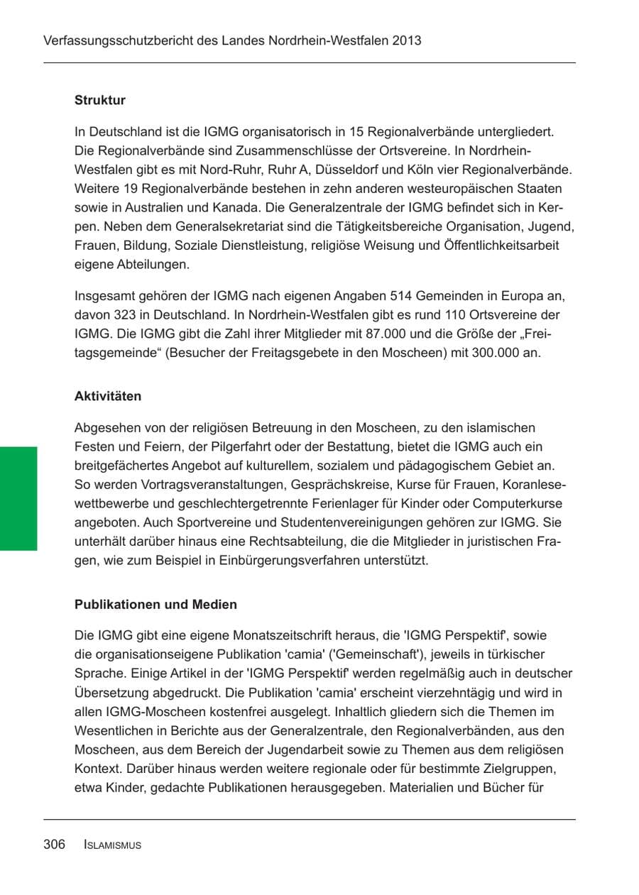 Seite 308 des Verfassungsschutzbericht 2013 Nordrhein-Westfalen
