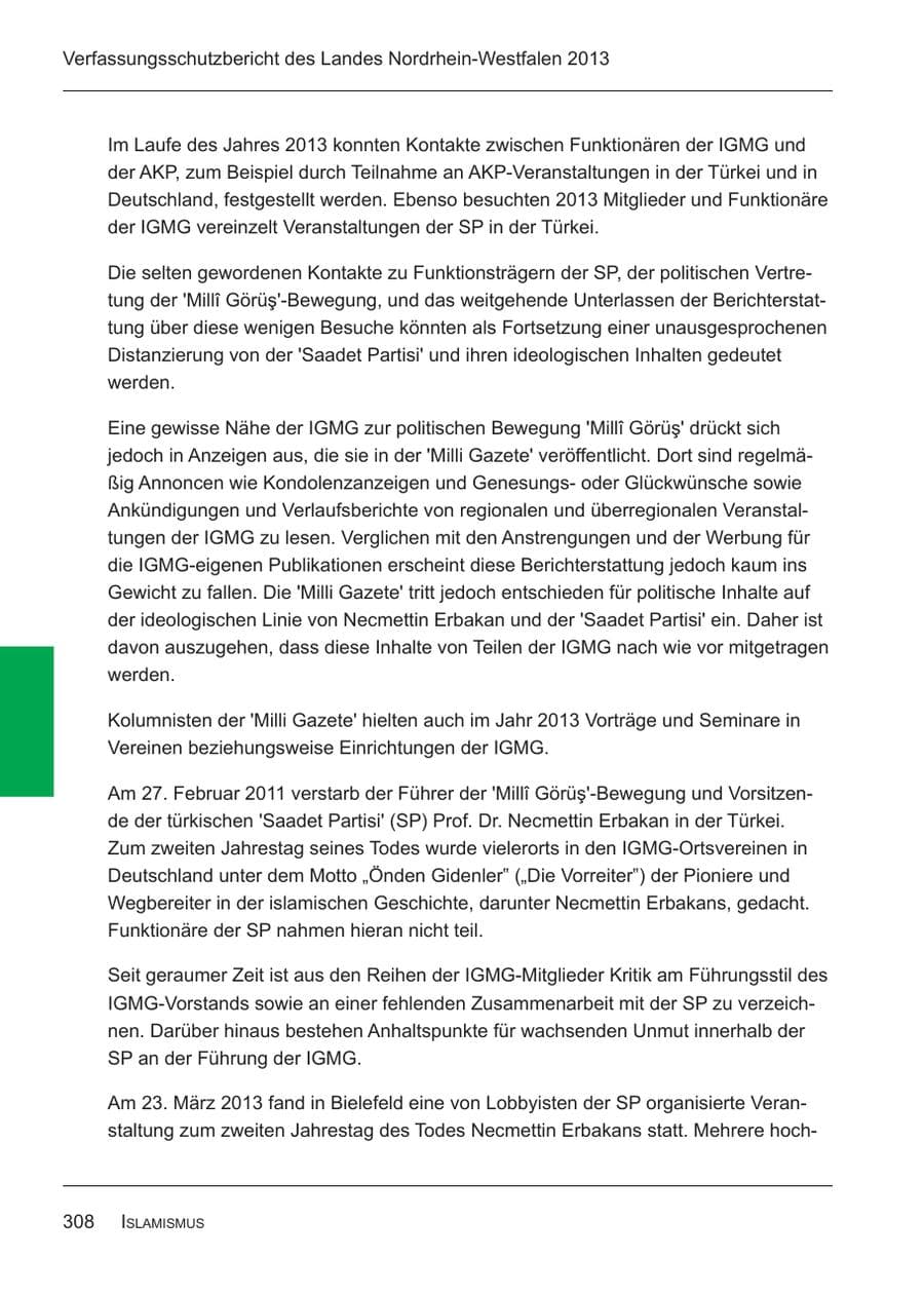 Seite 310 des Verfassungsschutzbericht 2013 Nordrhein-Westfalen