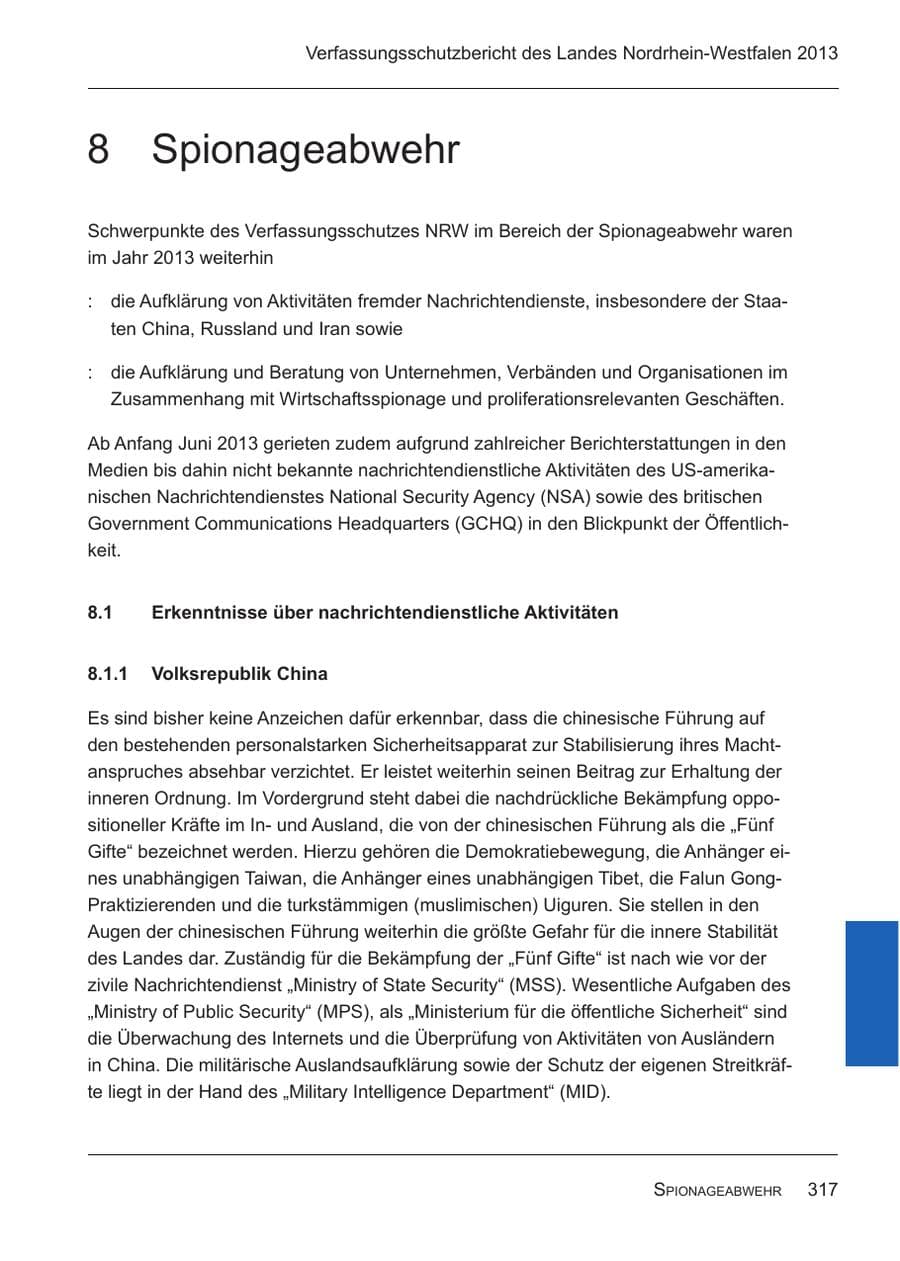 Seite 319 des Verfassungsschutzbericht 2013 Nordrhein-Westfalen
