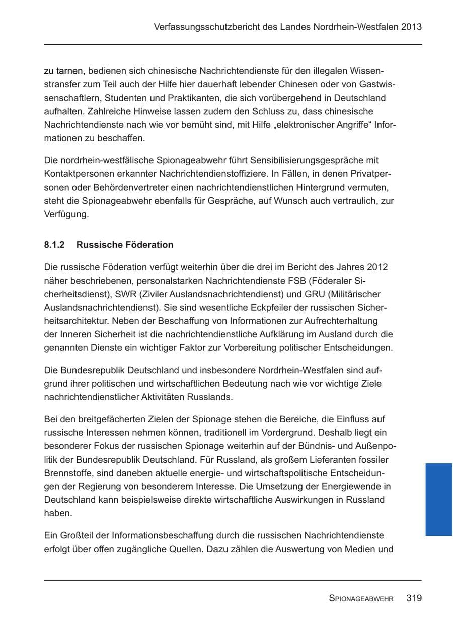 Seite 321 des Verfassungsschutzbericht 2013 Nordrhein-Westfalen