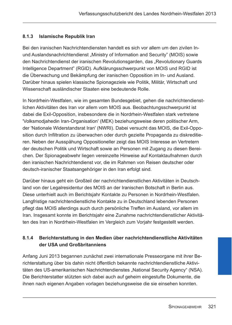 Seite 323 des Verfassungsschutzbericht 2013 Nordrhein-Westfalen