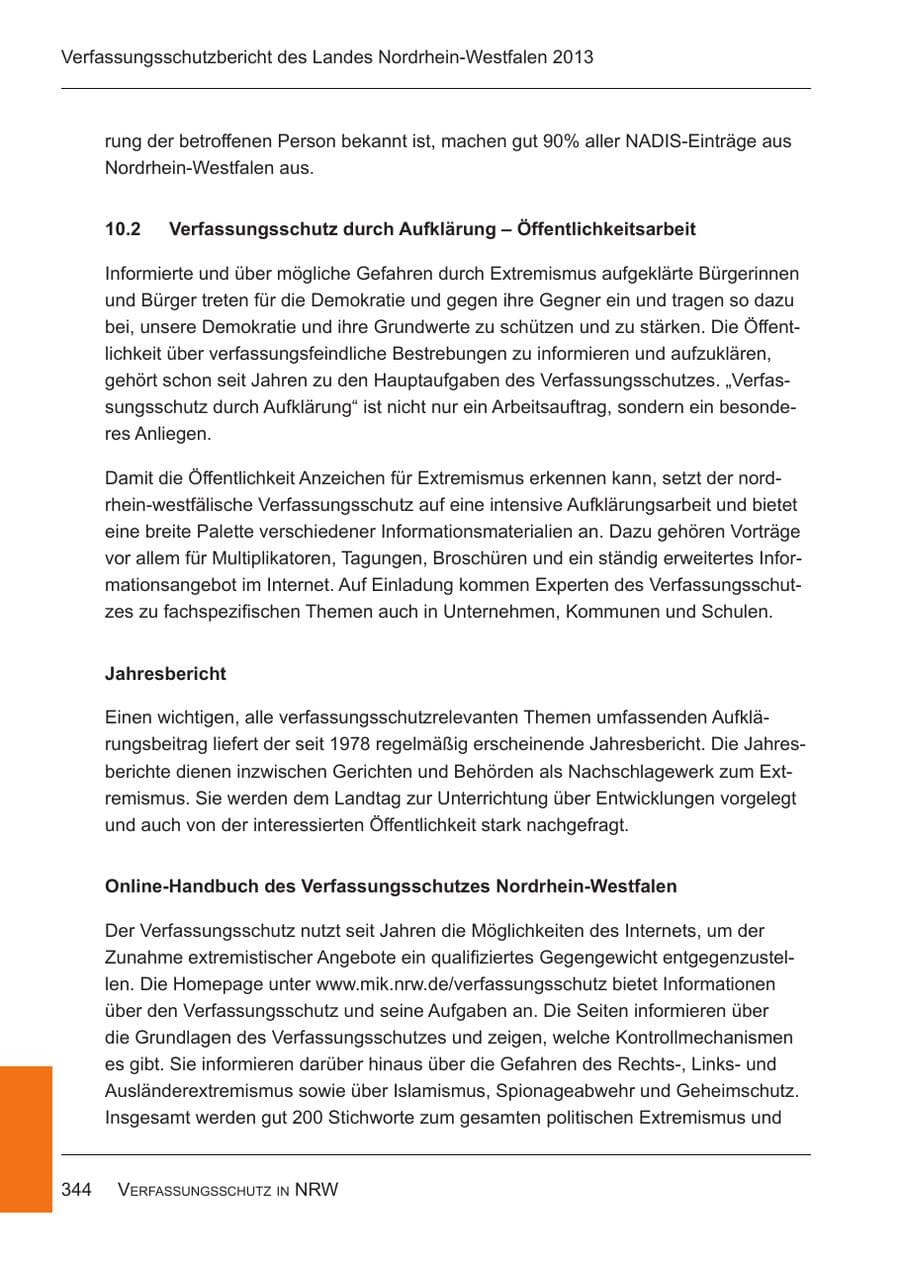 Seite 346 des Verfassungsschutzbericht 2013 Nordrhein-Westfalen