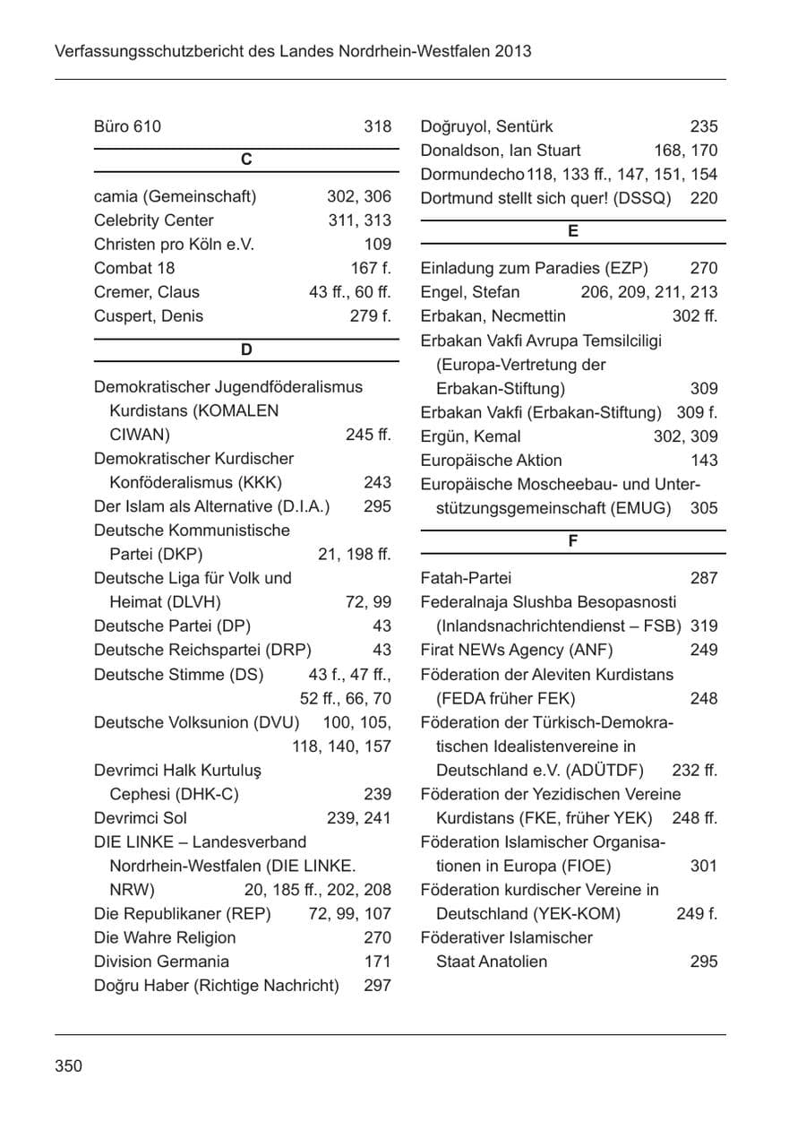 Seite 352 des Verfassungsschutzbericht 2013 Nordrhein-Westfalen