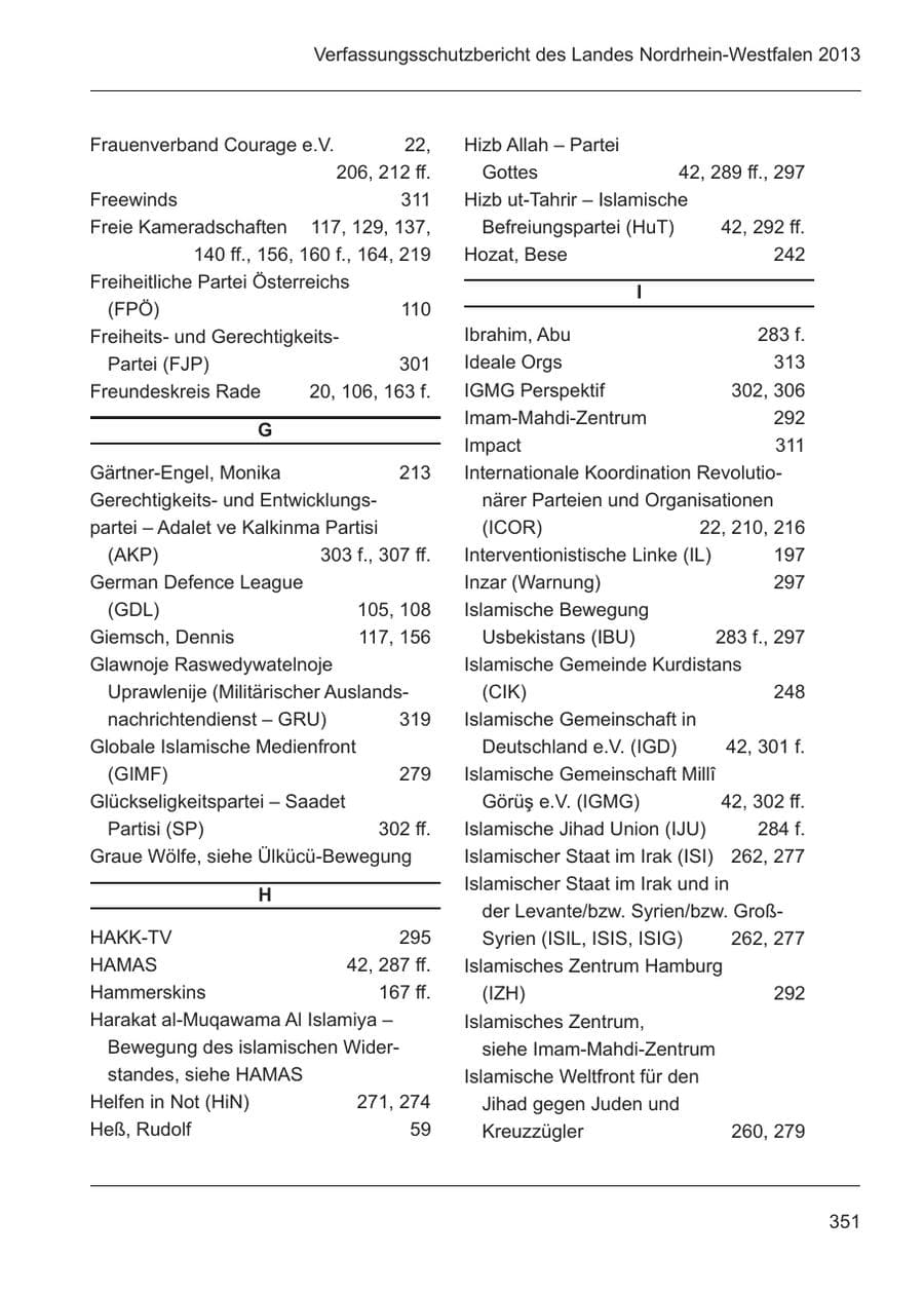 Seite 353 des Verfassungsschutzbericht 2013 Nordrhein-Westfalen