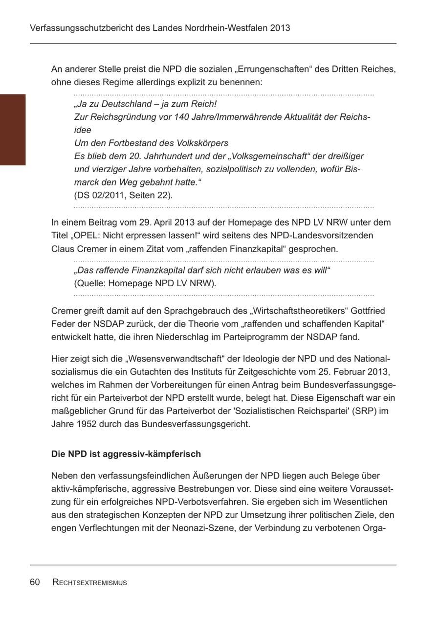 Seite 62 des Verfassungsschutzbericht 2013 Nordrhein-Westfalen