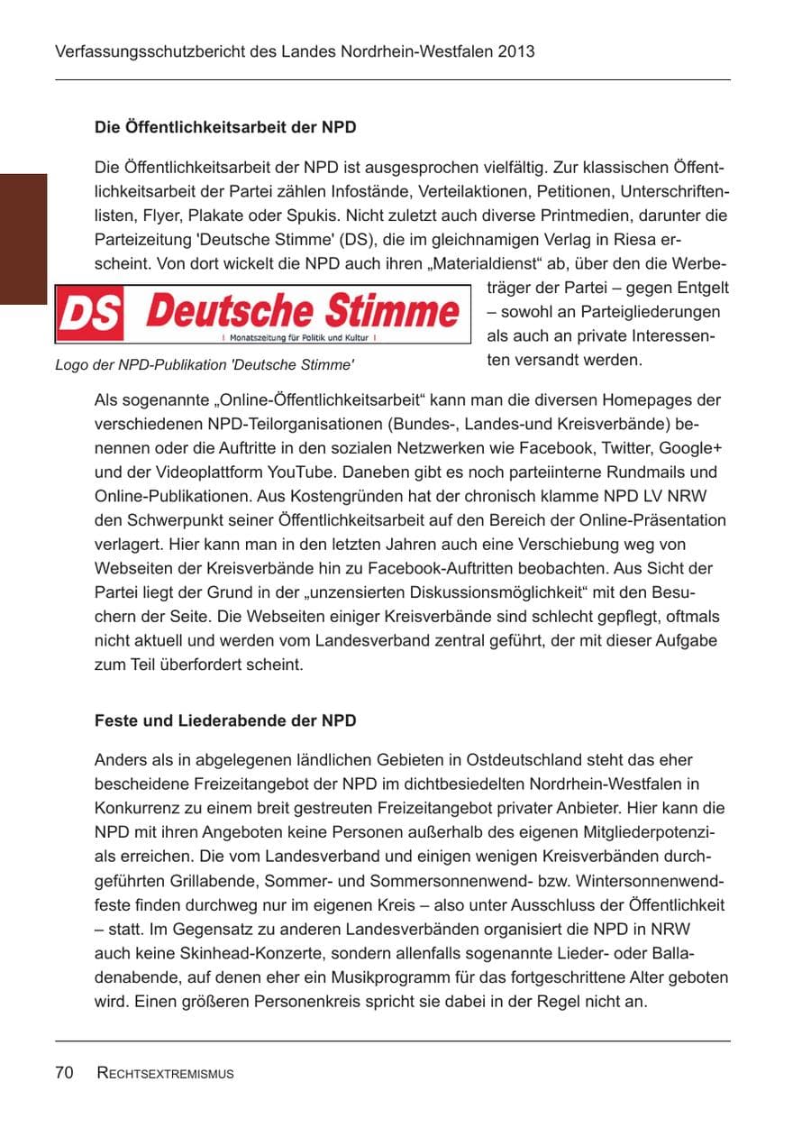 Seite 72 des Verfassungsschutzbericht 2013 Nordrhein-Westfalen