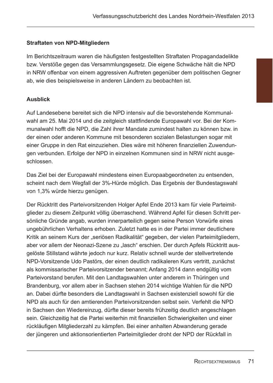 Seite 73 des Verfassungsschutzbericht 2013 Nordrhein-Westfalen