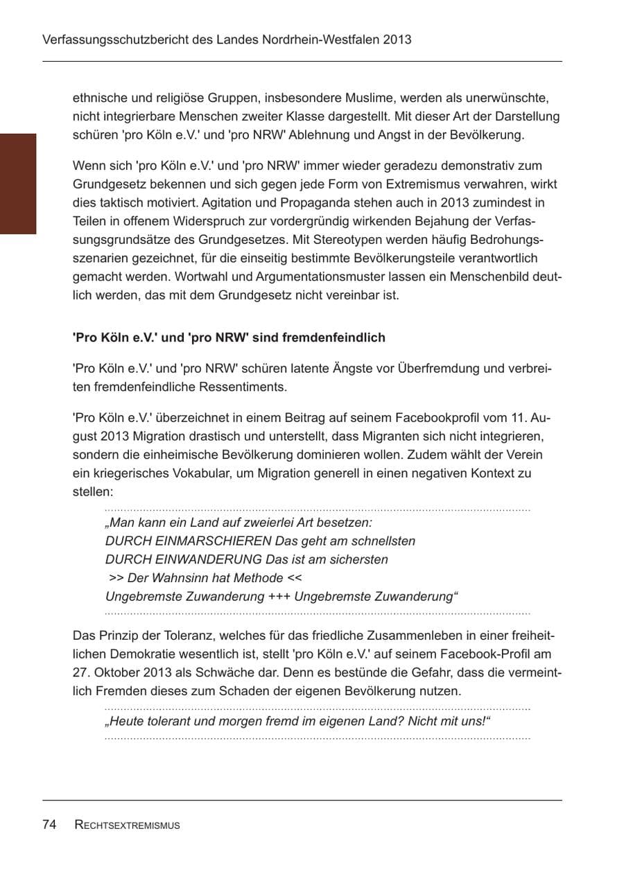 Seite 76 des Verfassungsschutzbericht 2013 Nordrhein-Westfalen