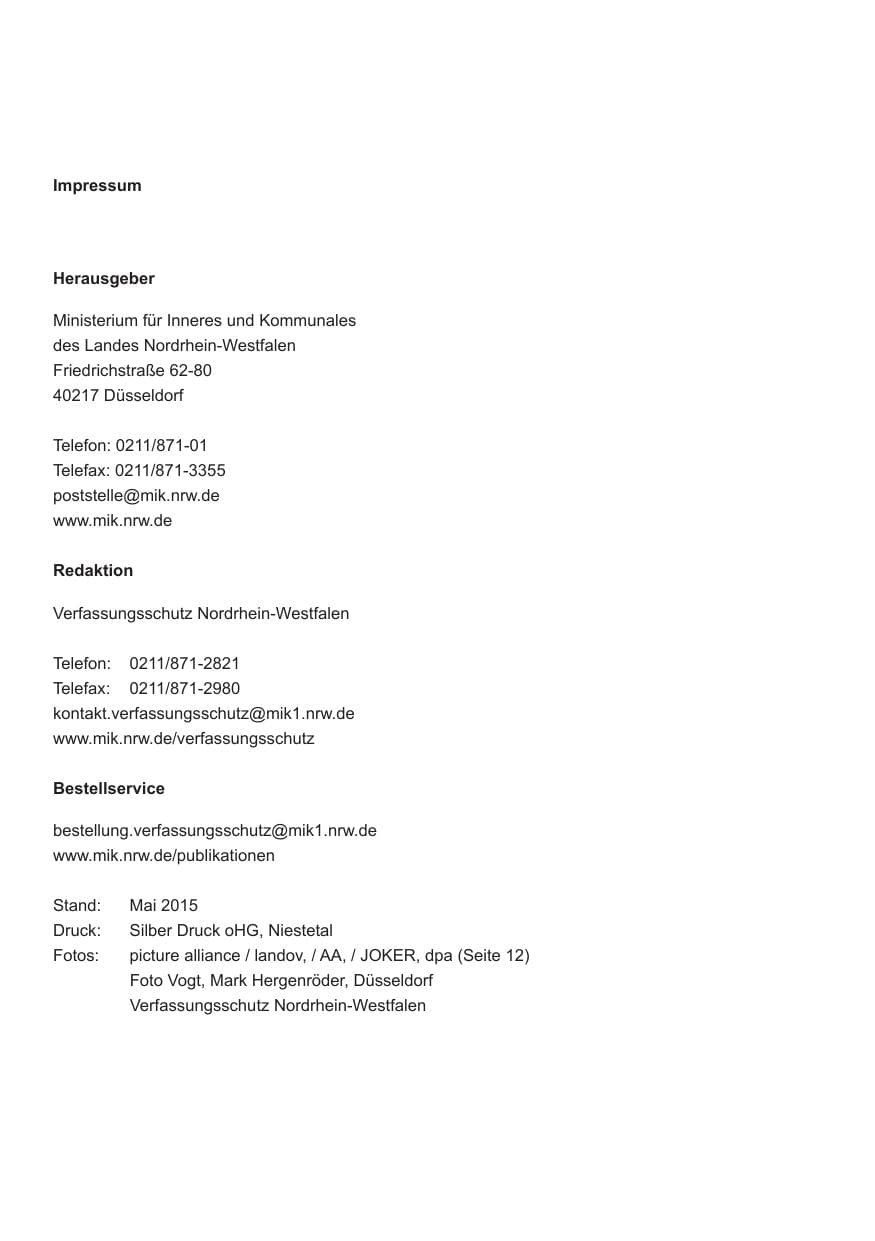 Seite 2 des Verfassungsschutzbericht 2014 Nordrhein-Westfalen
