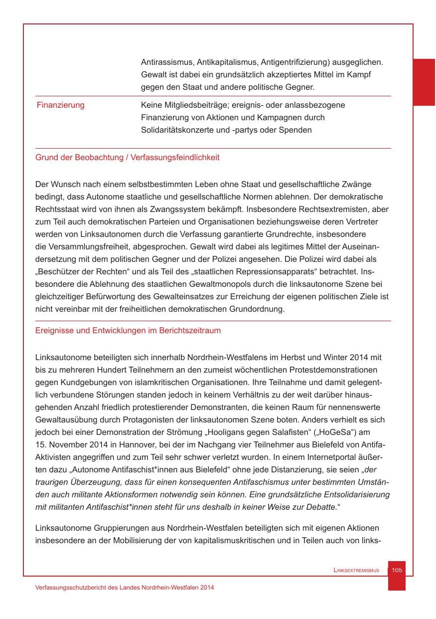 Seite 106 des Verfassungsschutzbericht 2014 Nordrhein-Westfalen