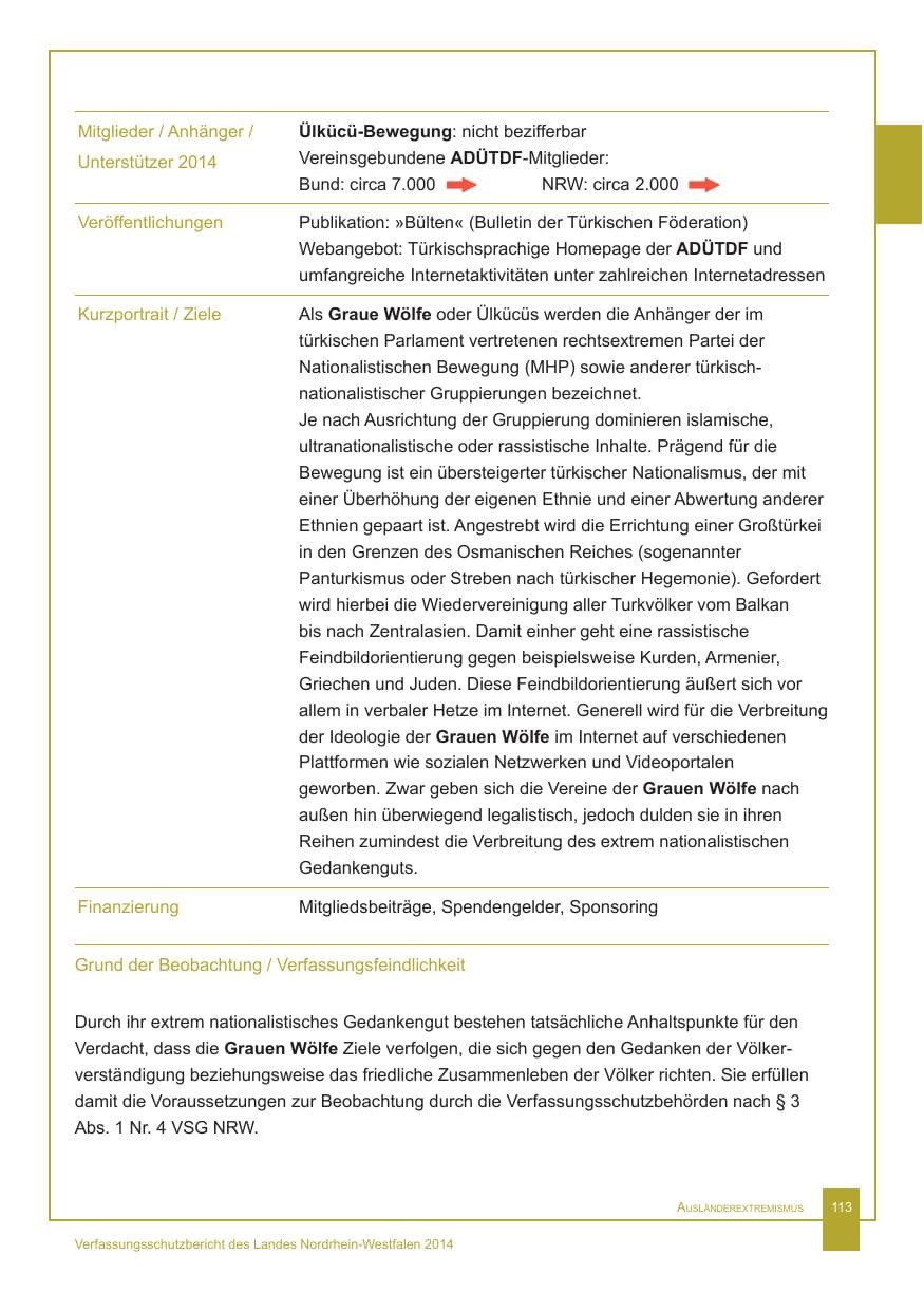 Seite 114 des Verfassungsschutzbericht 2014 Nordrhein-Westfalen