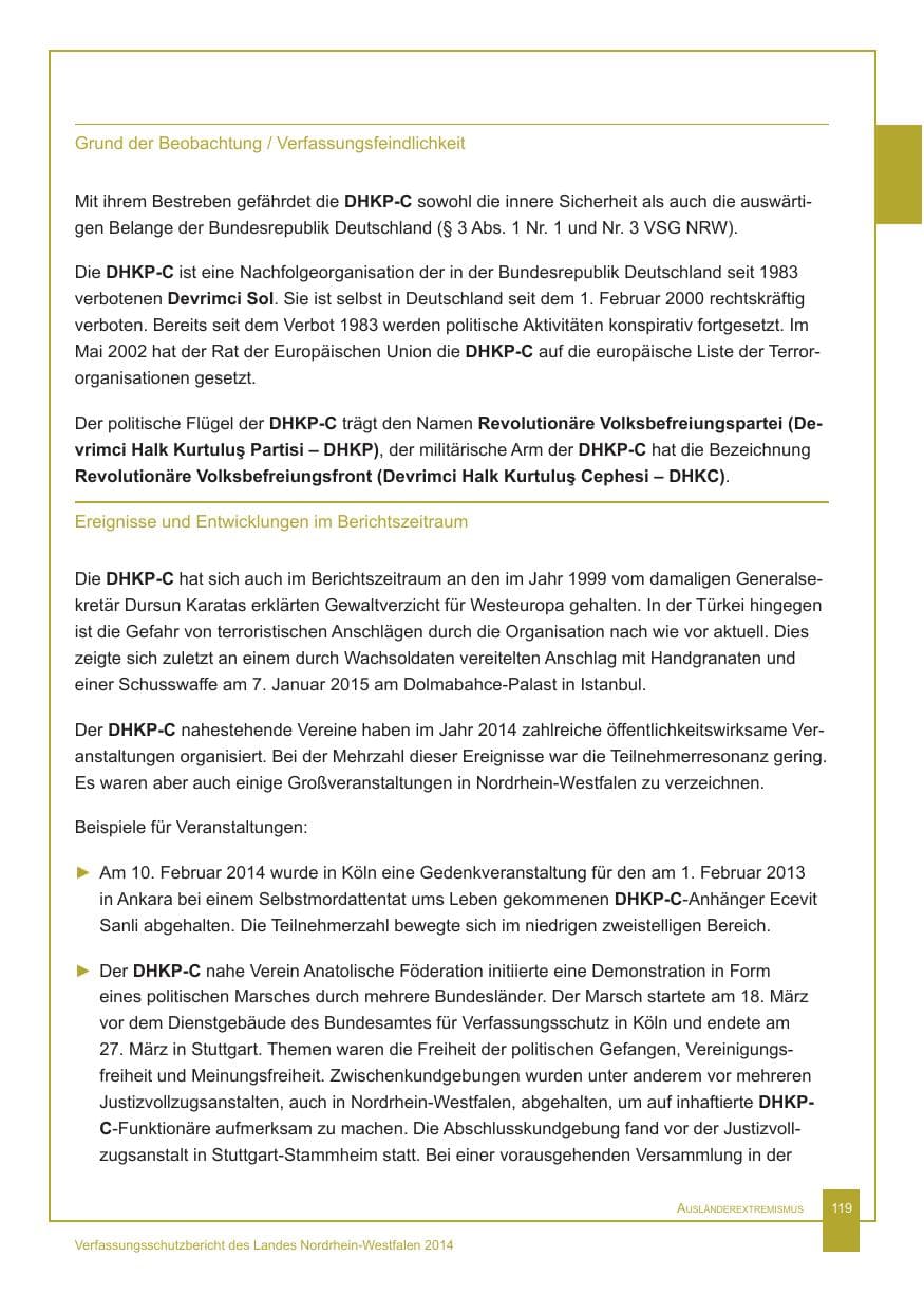 Seite 120 des Verfassungsschutzbericht 2014 Nordrhein-Westfalen