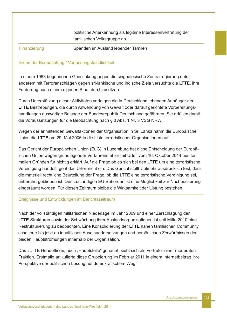 Seite 130 des Verfassungsschutzbericht 2014 Nordrhein-Westfalen