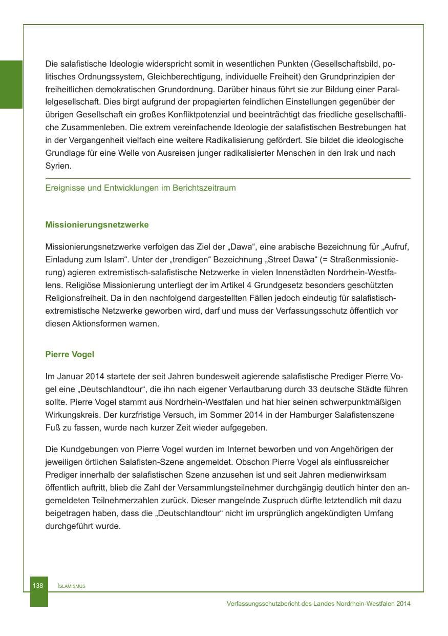 Seite 139 des Verfassungsschutzbericht 2014 Nordrhein-Westfalen