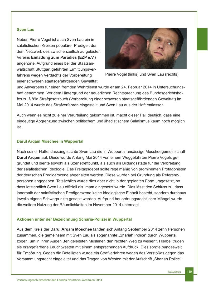 Seite 140 des Verfassungsschutzbericht 2014 Nordrhein-Westfalen