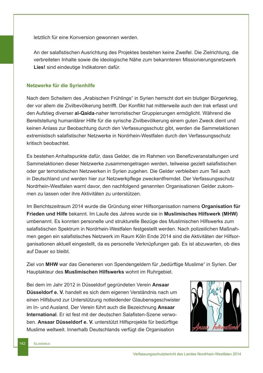 Seite 143 des Verfassungsschutzbericht 2014 Nordrhein-Westfalen