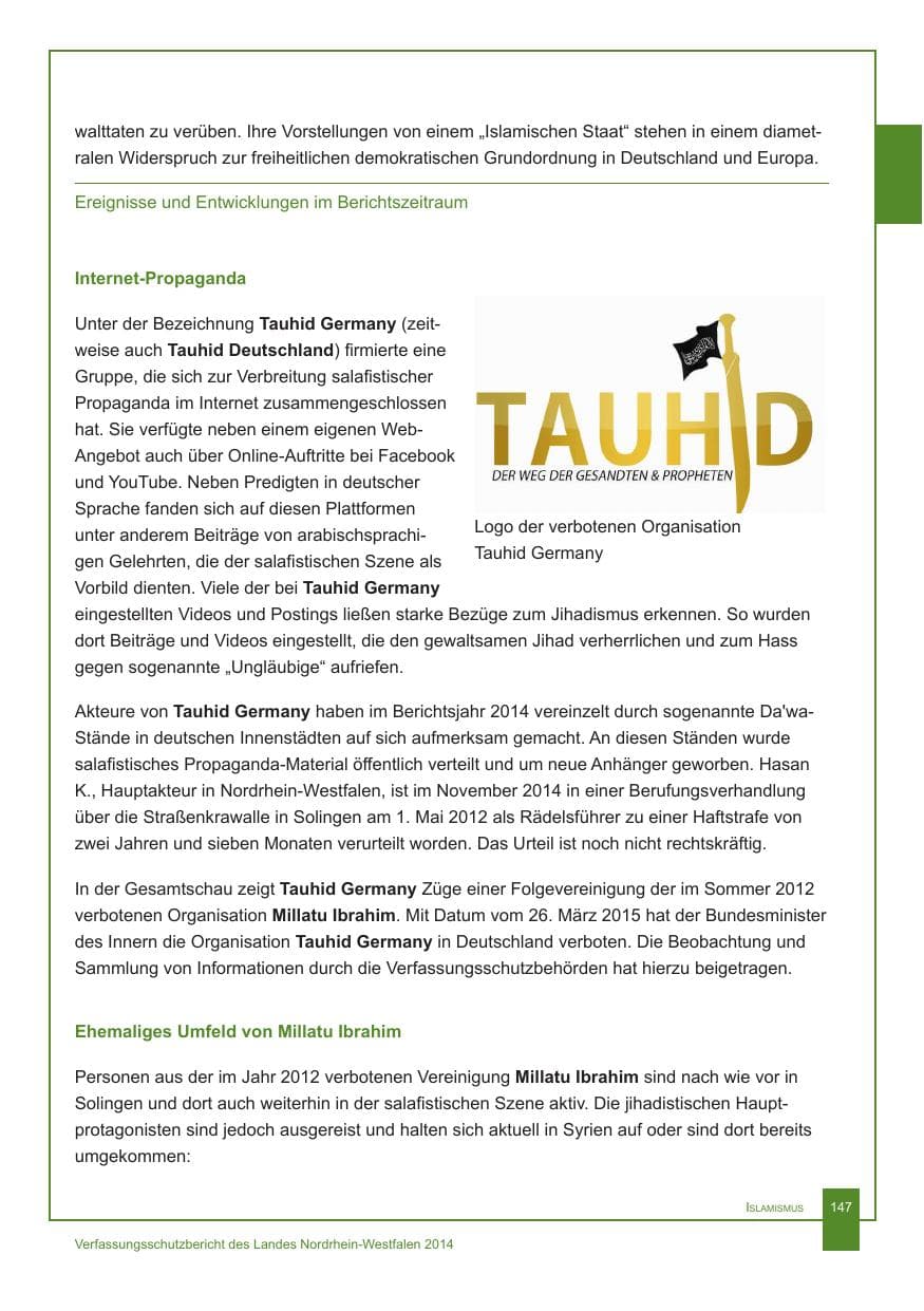 Seite 148 des Verfassungsschutzbericht 2014 Nordrhein-Westfalen