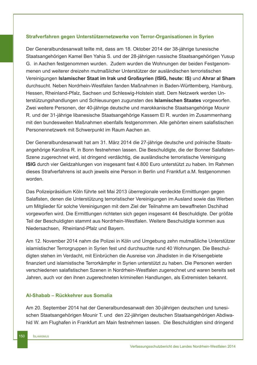 Seite 151 des Verfassungsschutzbericht 2014 Nordrhein-Westfalen