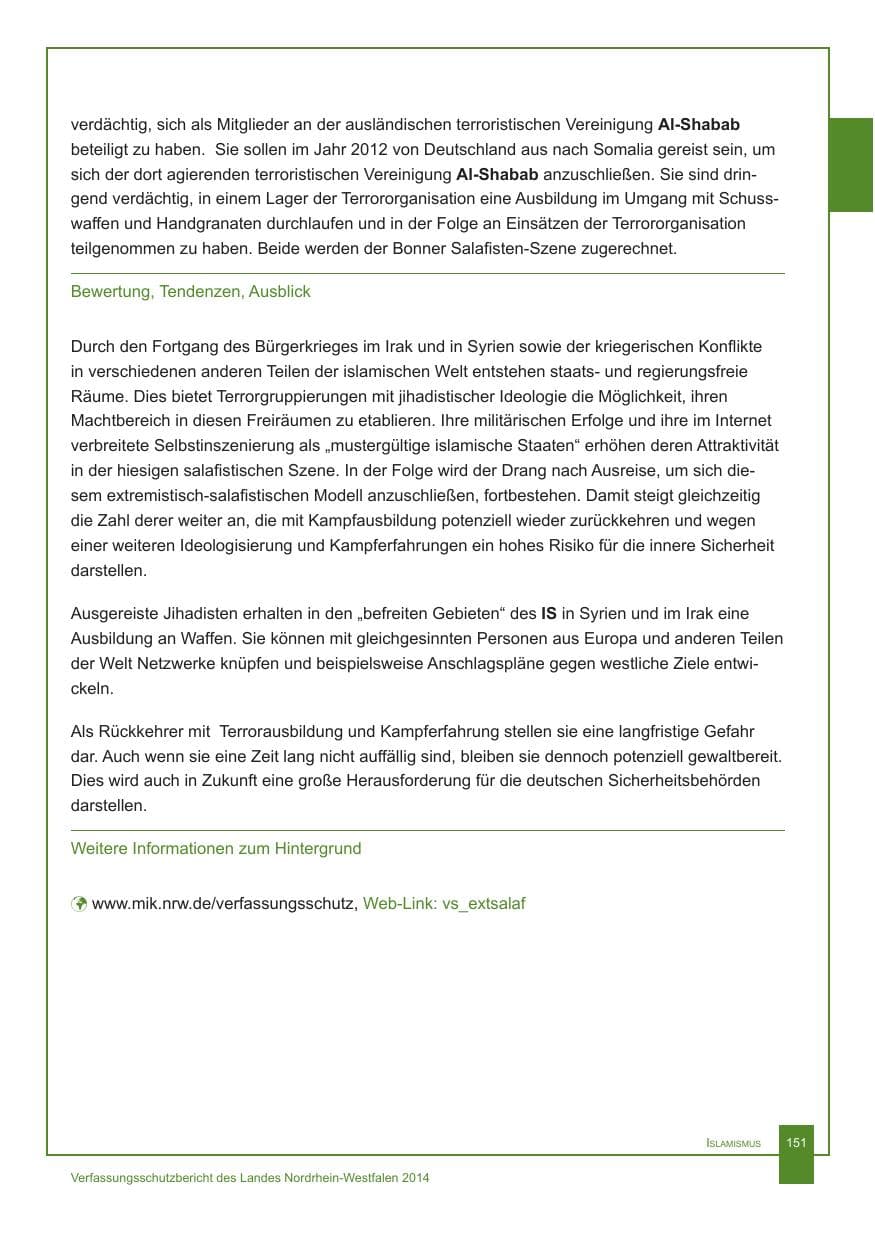 Seite 152 des Verfassungsschutzbericht 2014 Nordrhein-Westfalen