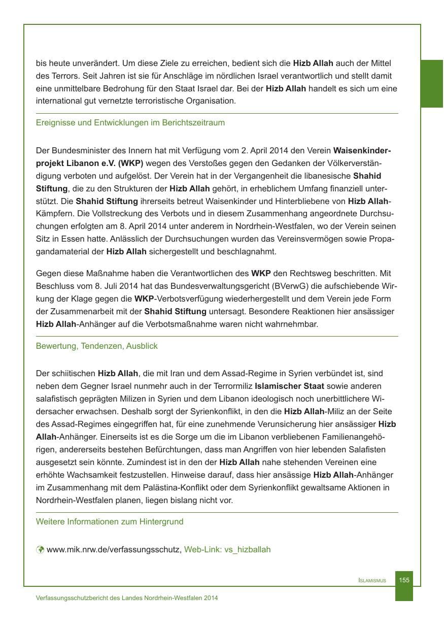 Seite 156 des Verfassungsschutzbericht 2014 Nordrhein-Westfalen