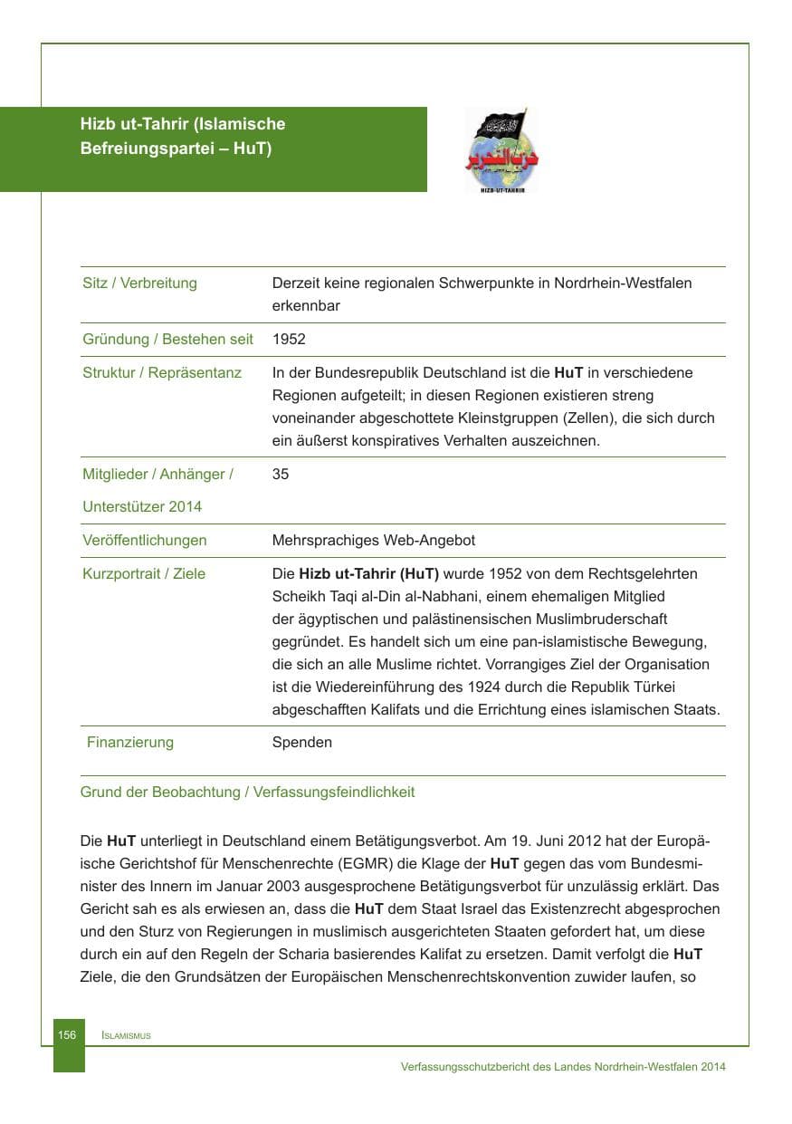 Seite 157 des Verfassungsschutzbericht 2014 Nordrhein-Westfalen