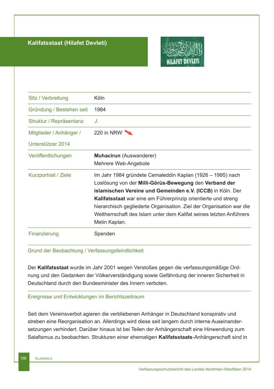 Seite 159 des Verfassungsschutzbericht 2014 Nordrhein-Westfalen