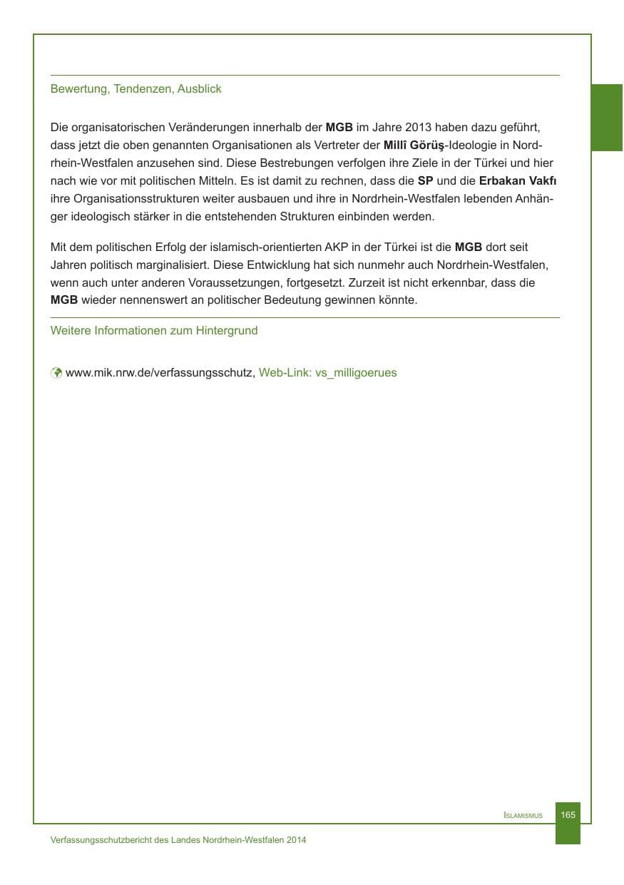 Seite 166 des Verfassungsschutzbericht 2014 Nordrhein-Westfalen