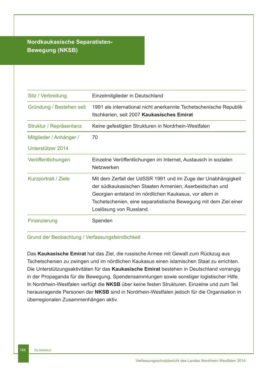 Seite 167 des Verfassungsschutzbericht 2014 Nordrhein-Westfalen