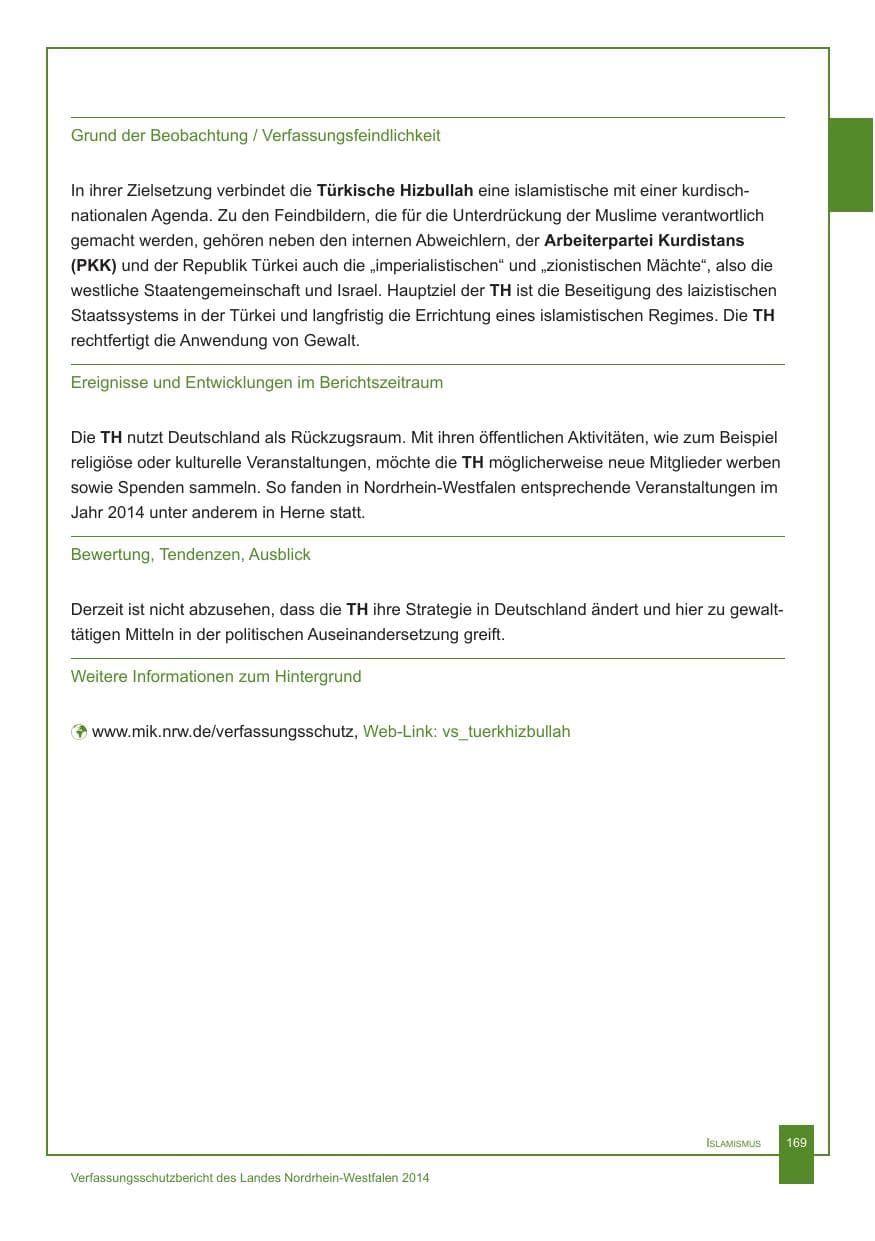 Seite 170 des Verfassungsschutzbericht 2014 Nordrhein-Westfalen