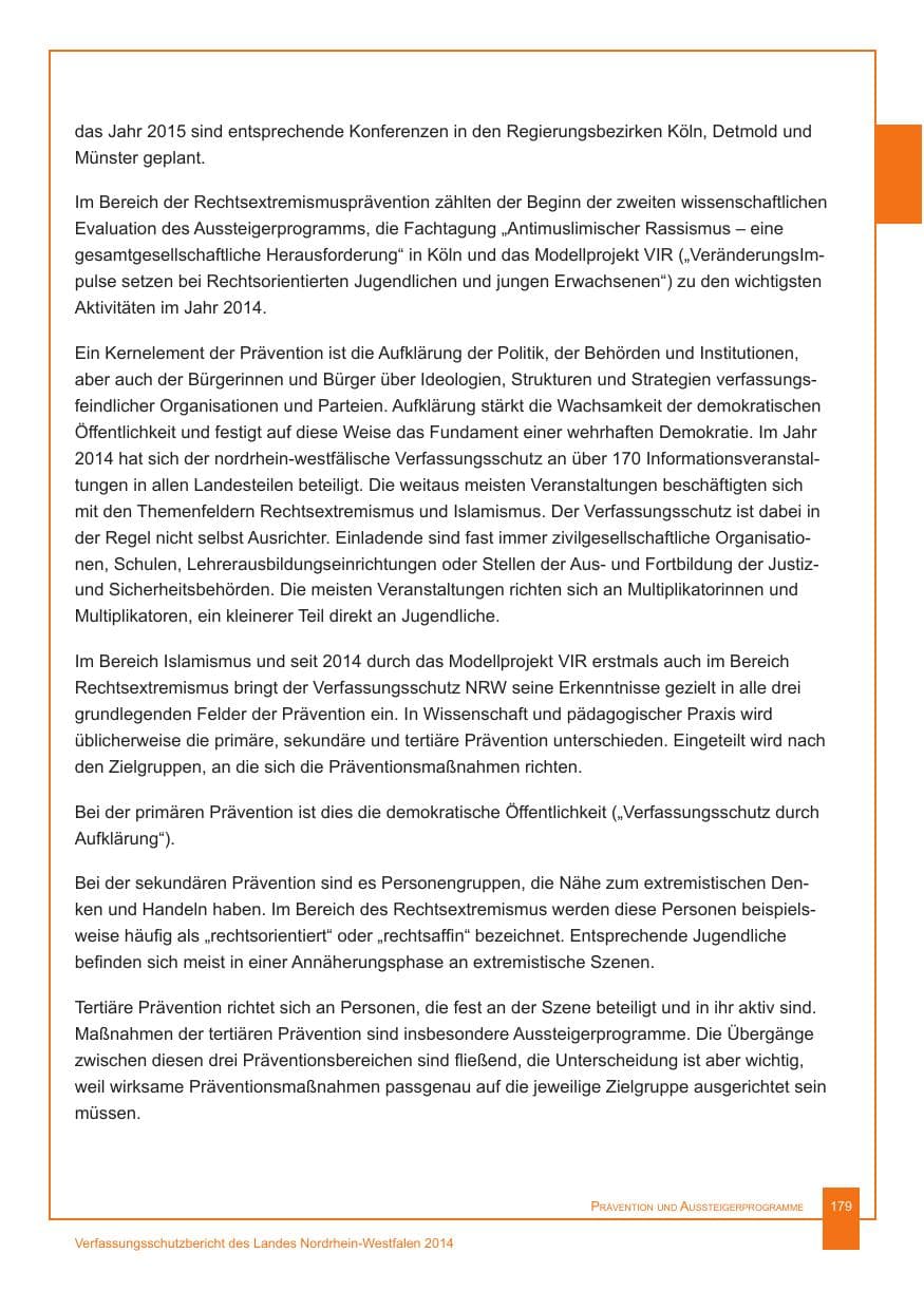 Seite 180 des Verfassungsschutzbericht 2014 Nordrhein-Westfalen
