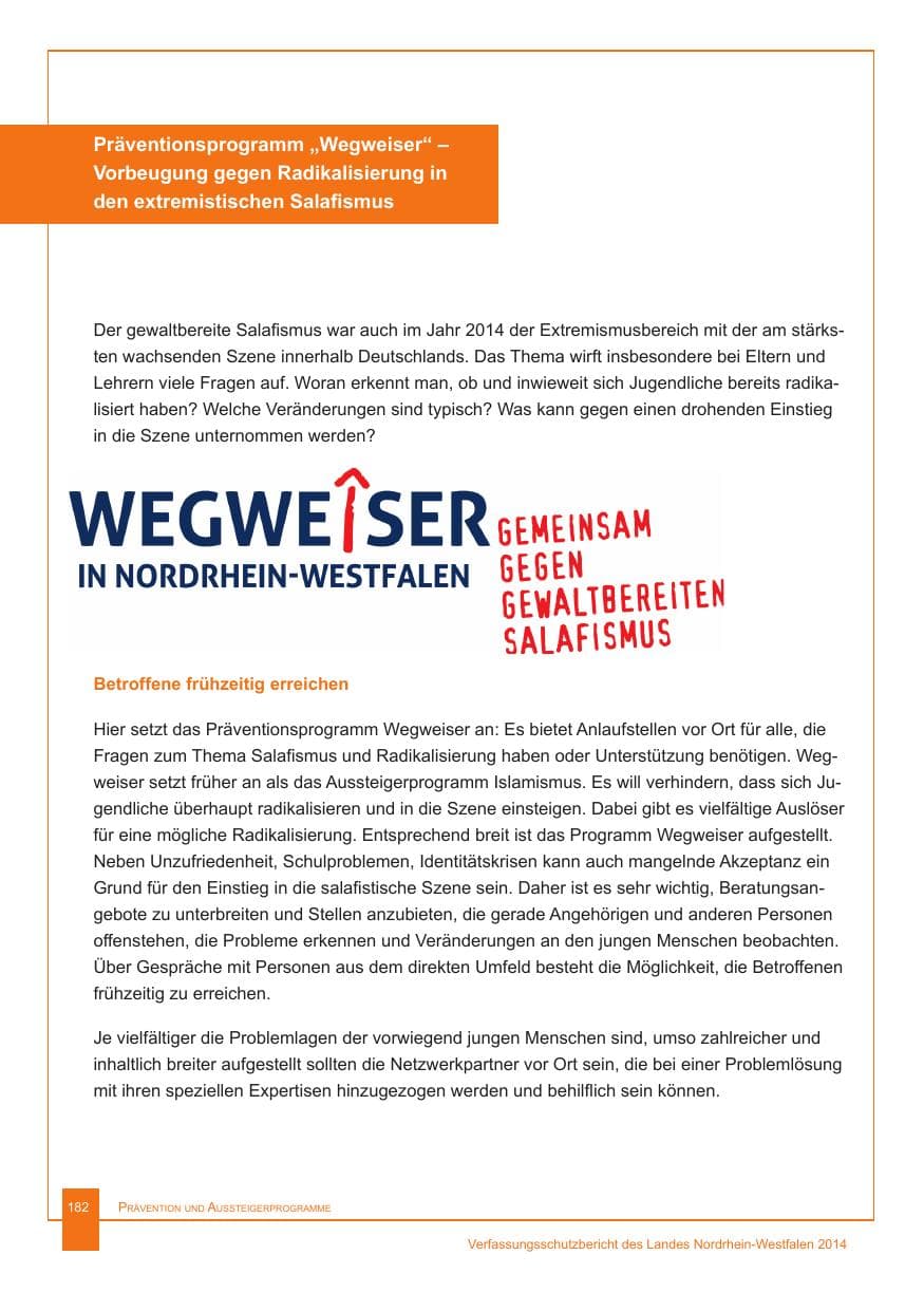 Seite 183 des Verfassungsschutzbericht 2014 Nordrhein-Westfalen