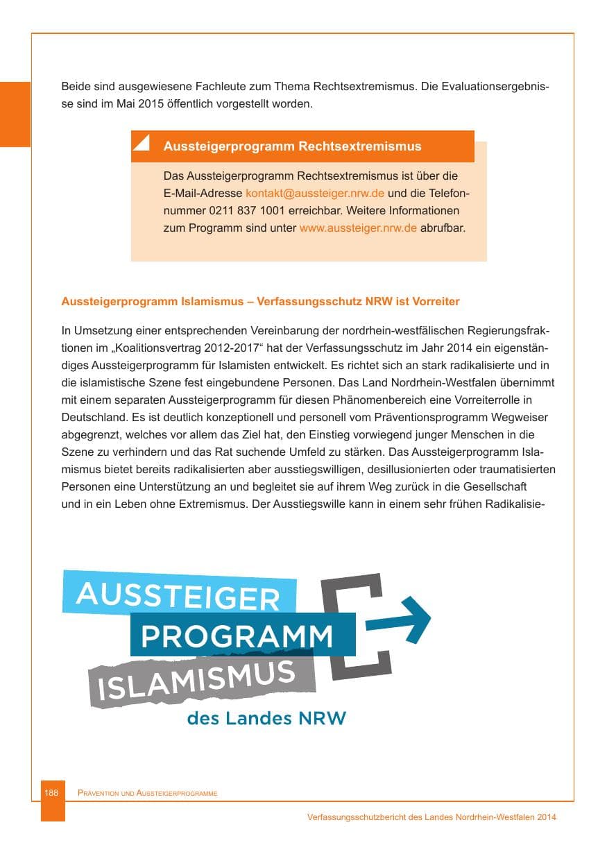 Seite 189 des Verfassungsschutzbericht 2014 Nordrhein-Westfalen