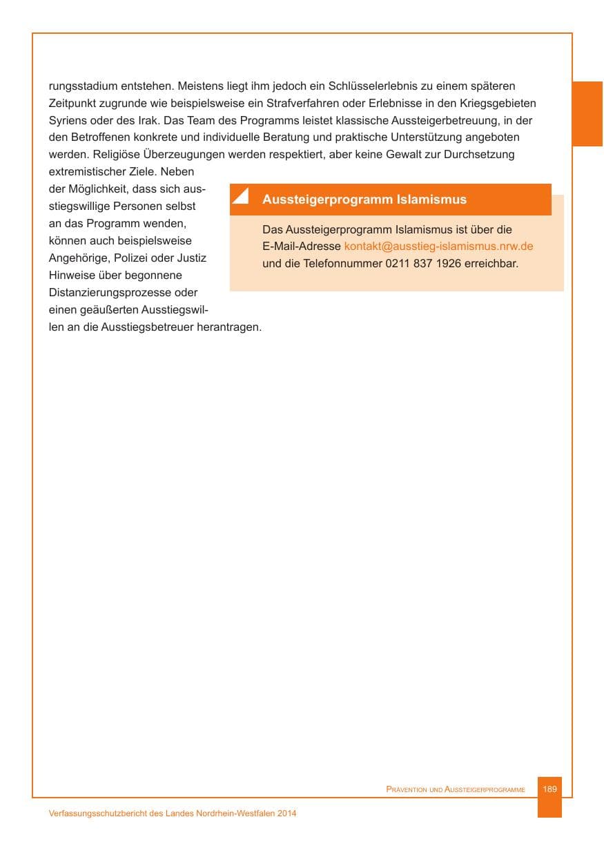 Seite 190 des Verfassungsschutzbericht 2014 Nordrhein-Westfalen