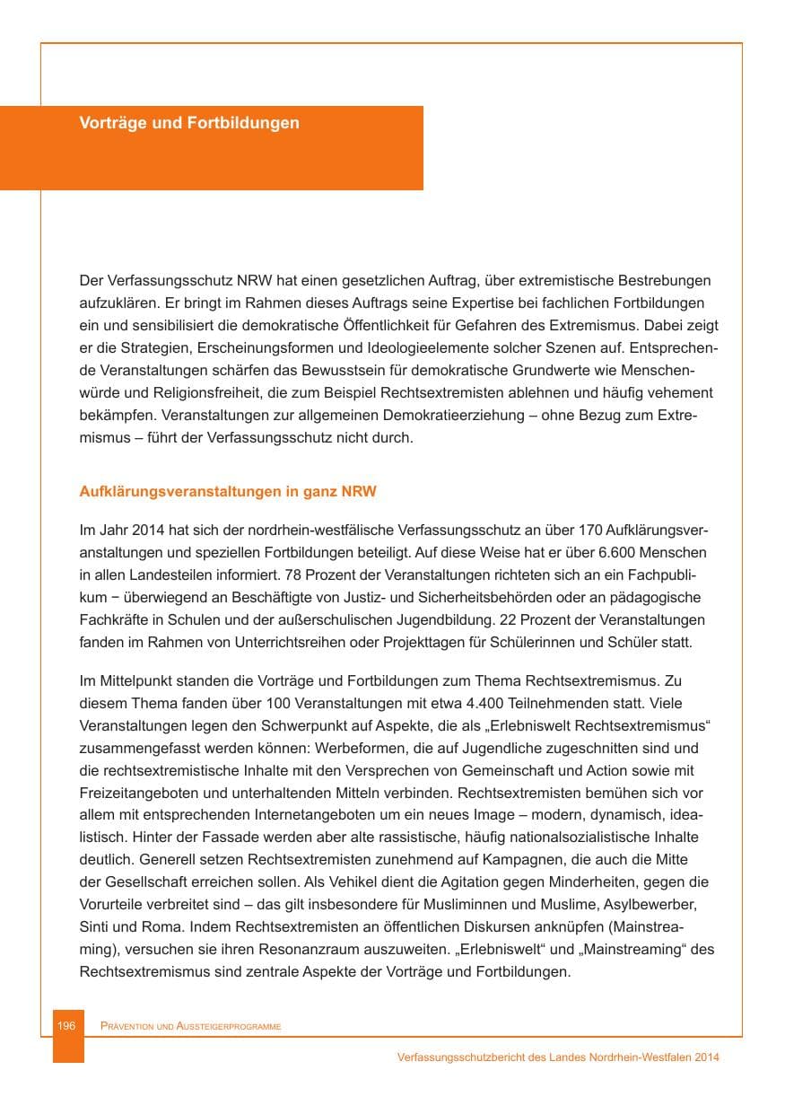 Seite 197 des Verfassungsschutzbericht 2014 Nordrhein-Westfalen