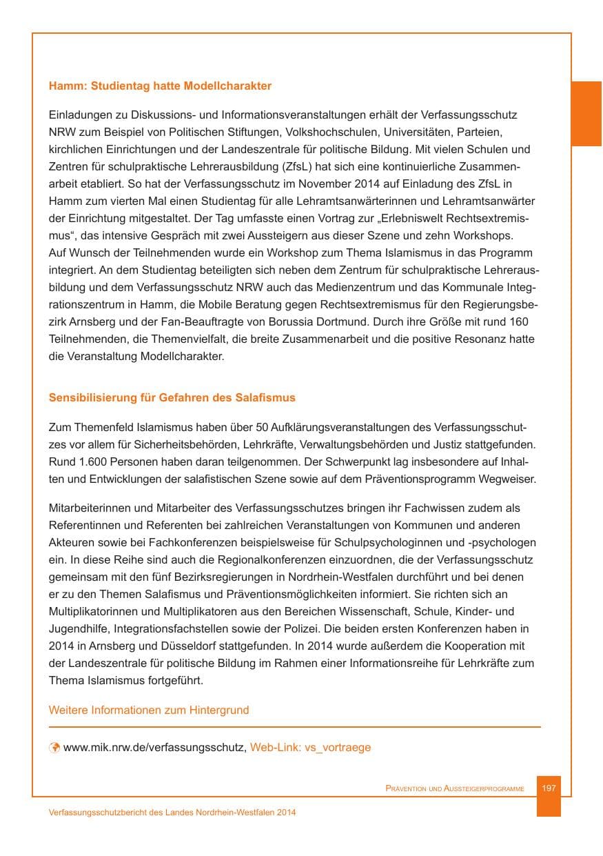 Seite 198 des Verfassungsschutzbericht 2014 Nordrhein-Westfalen