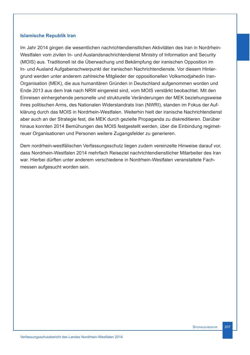 Seite 208 des Verfassungsschutzbericht 2014 Nordrhein-Westfalen