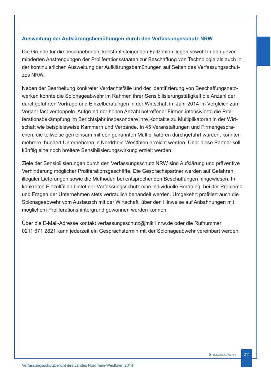 Seite 212 des Verfassungsschutzbericht 2014 Nordrhein-Westfalen