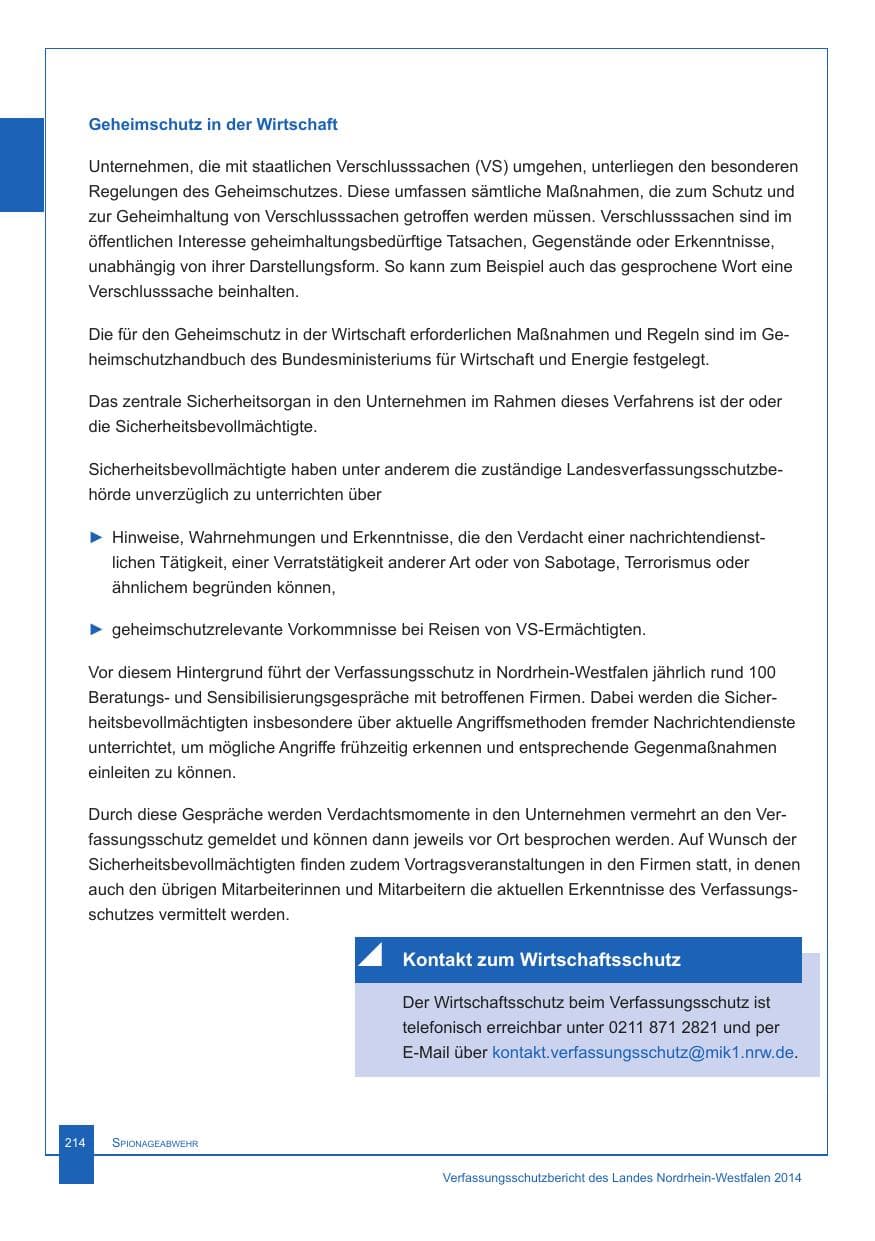 Seite 215 des Verfassungsschutzbericht 2014 Nordrhein-Westfalen