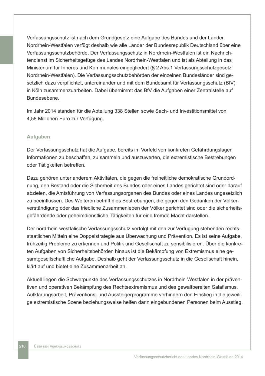 Seite 217 des Verfassungsschutzbericht 2014 Nordrhein-Westfalen