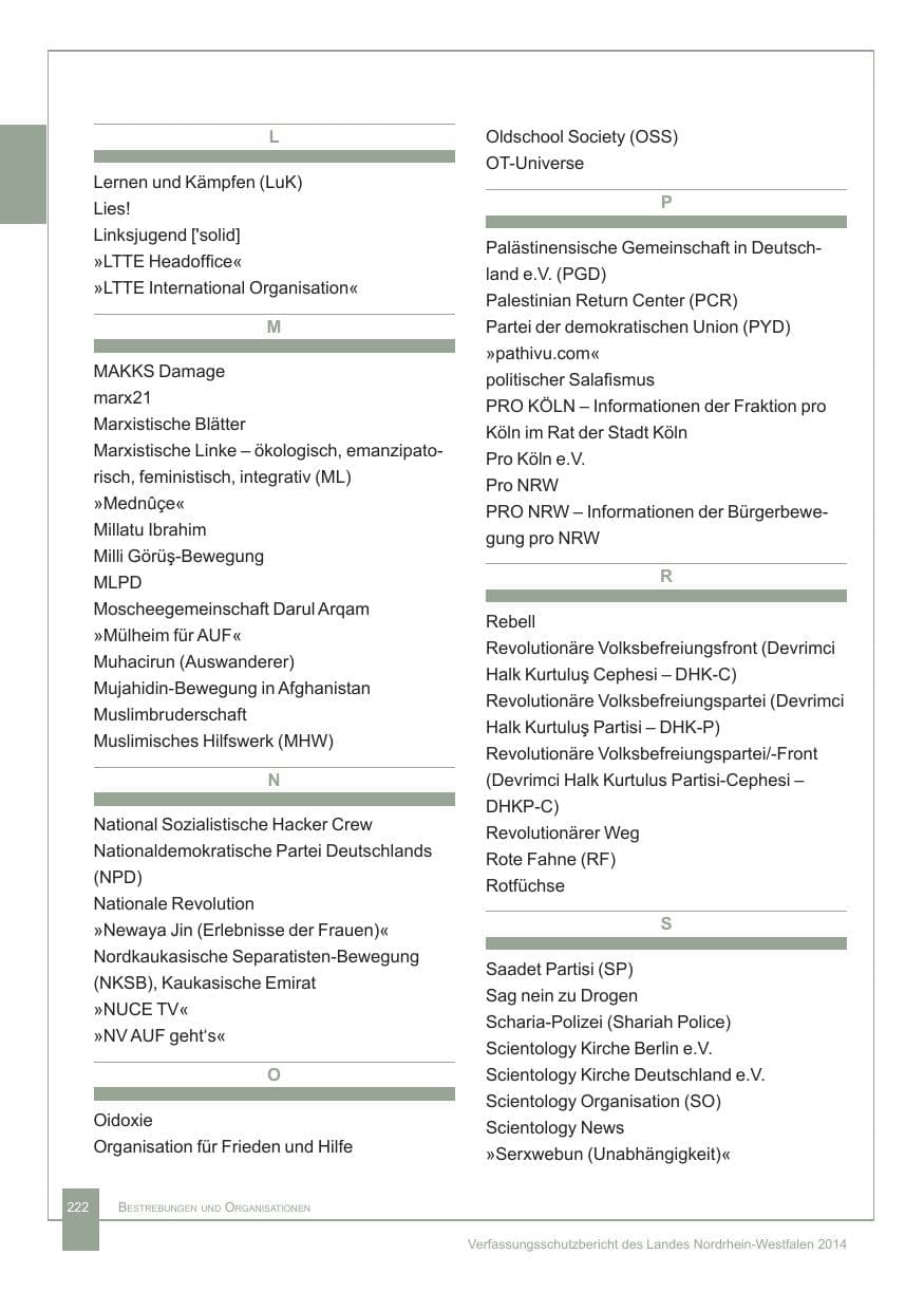 Seite 223 des Verfassungsschutzbericht 2014 Nordrhein-Westfalen