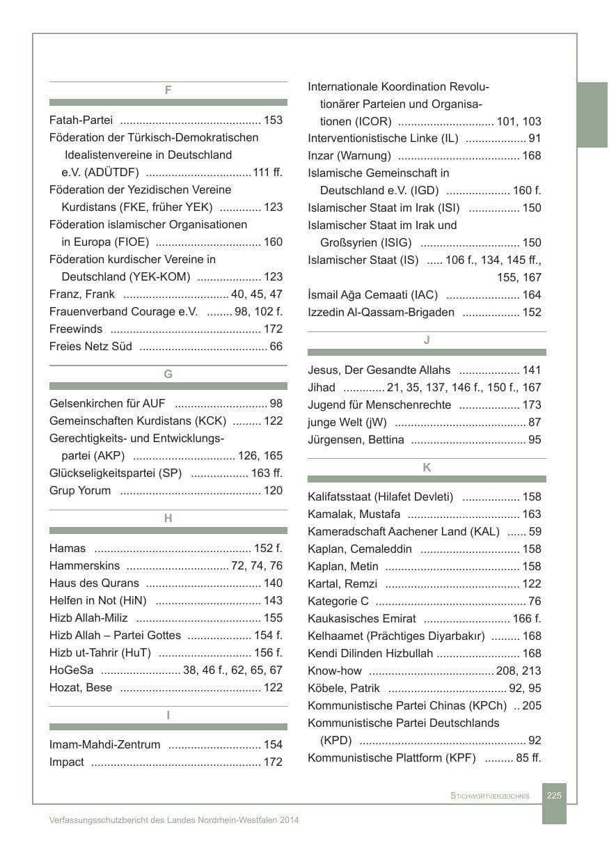 Seite 226 des Verfassungsschutzbericht 2014 Nordrhein-Westfalen