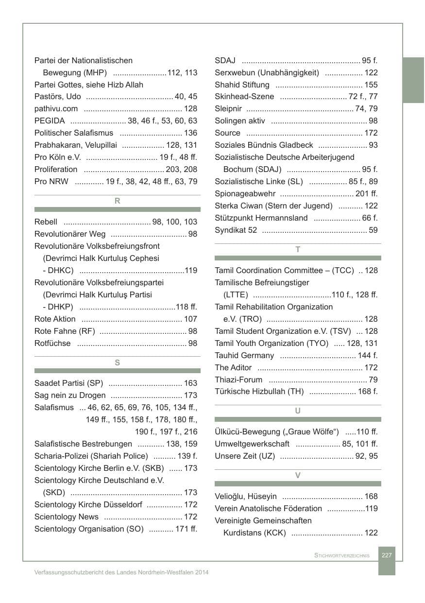 Seite 228 des Verfassungsschutzbericht 2014 Nordrhein-Westfalen