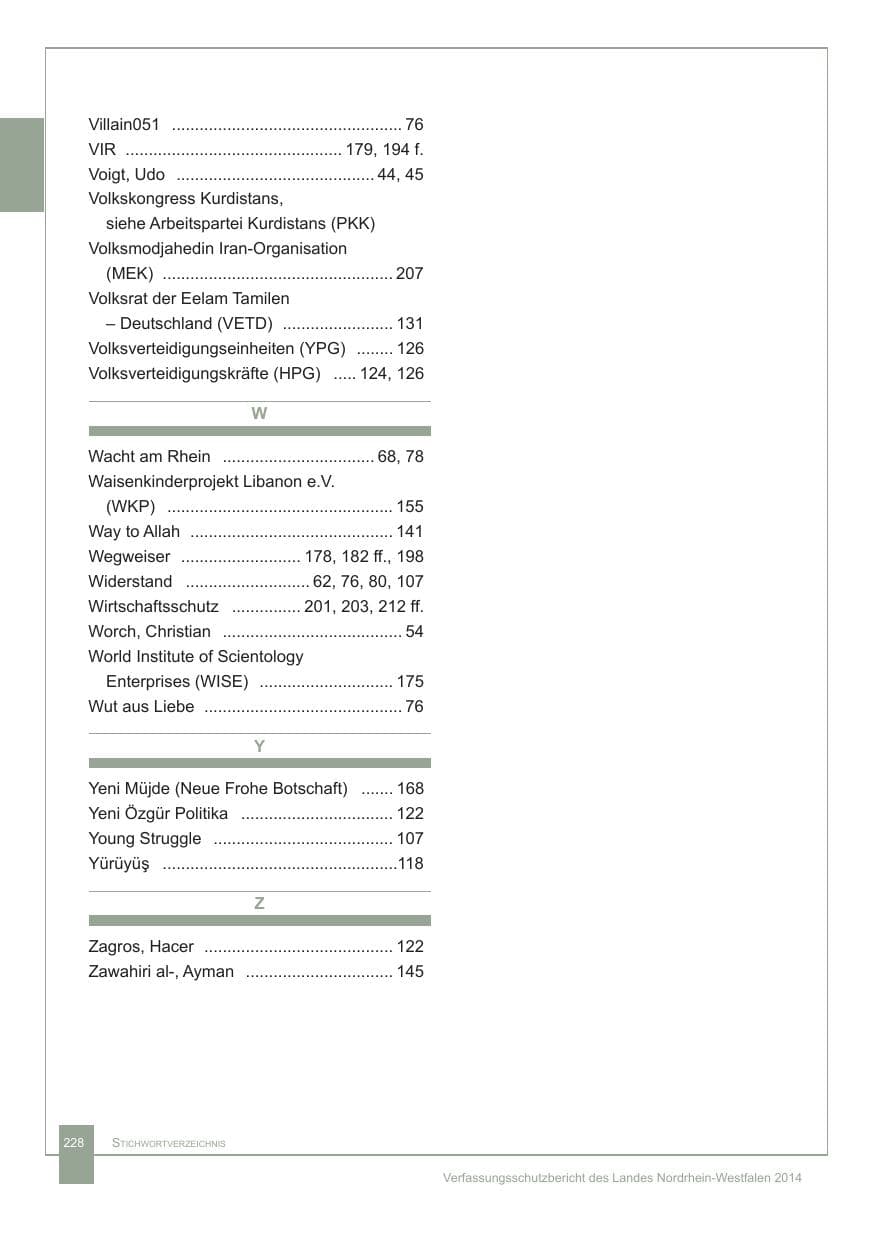 Seite 229 des Verfassungsschutzbericht 2014 Nordrhein-Westfalen