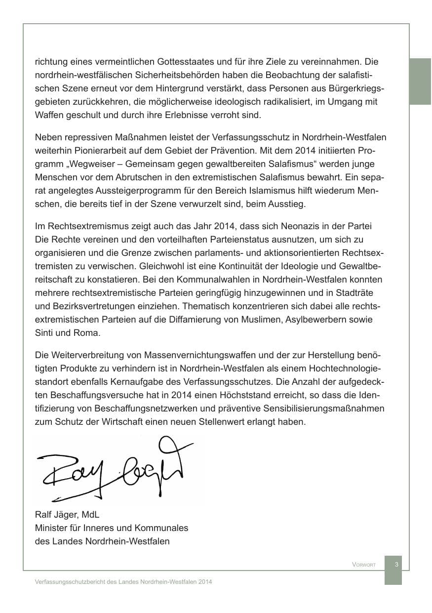 Seite 4 des Verfassungsschutzbericht 2014 Nordrhein-Westfalen