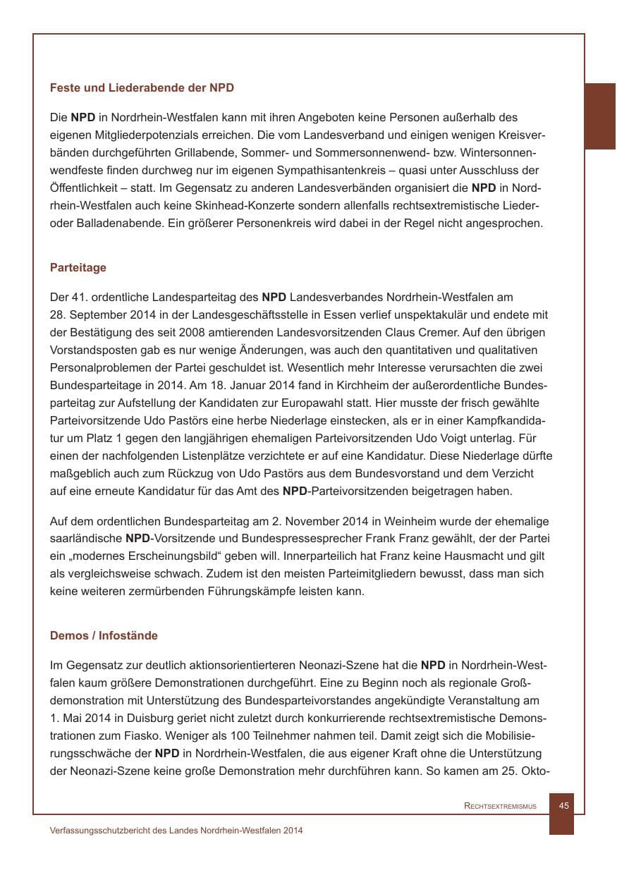 Seite 46 des Verfassungsschutzbericht 2014 Nordrhein-Westfalen
